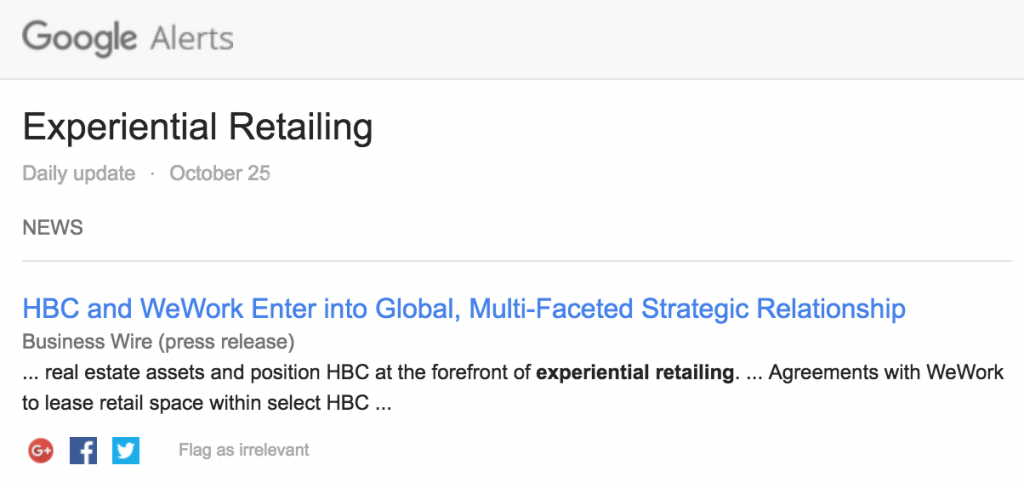 experiential retailing, google alert, in-store experience, customer experience,